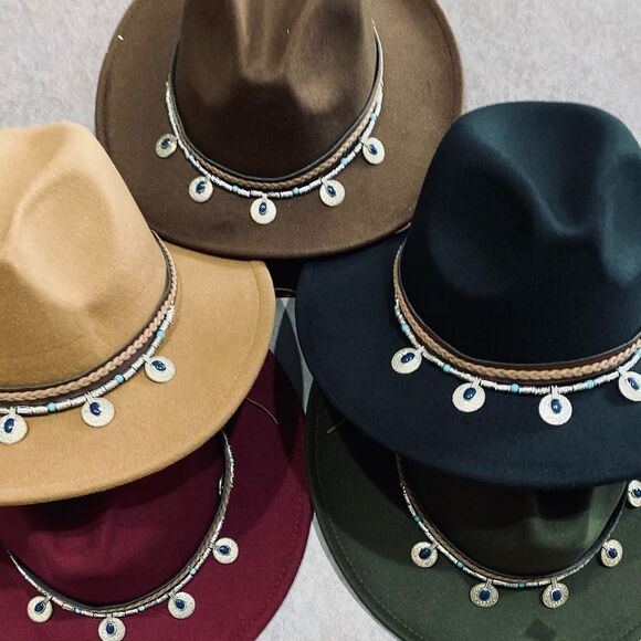 Tan Multicolor Metal Medallion Band Boho Western Wide Brim Fedora Hat NEW - Picture 2 of 4